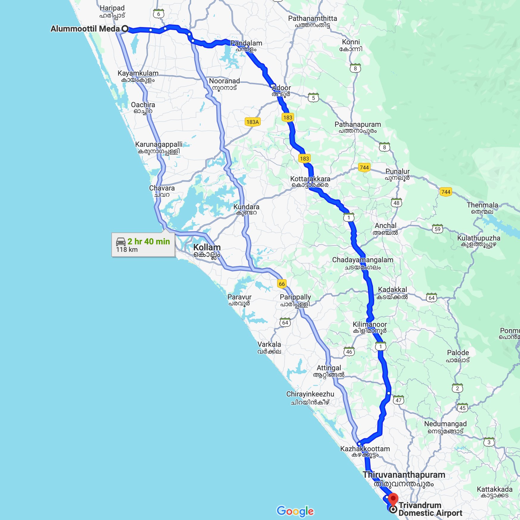 Alummoottil® to Thiruvananthapuram Airport